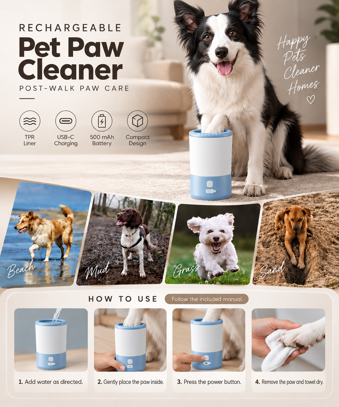 Rechargeable paw cleaner features and four-step use illustration