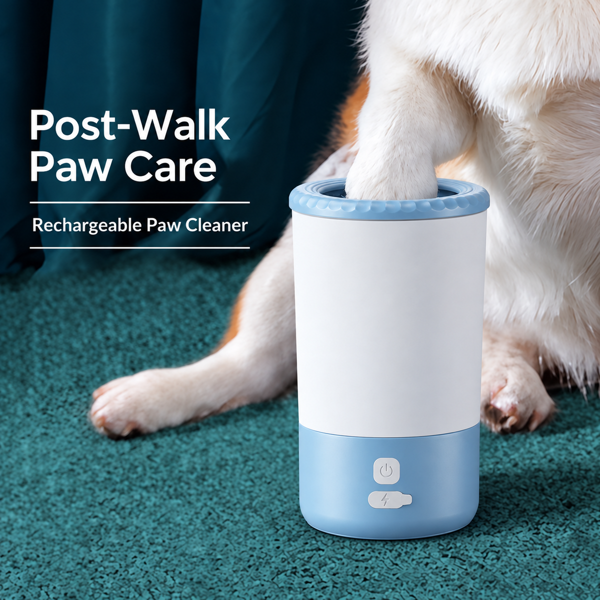 White and blue rechargeable paw cleaner in a post-walk dog care scene