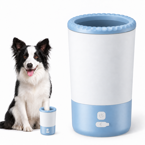 White and blue rechargeable dog paw cleaner with dog usage illustration